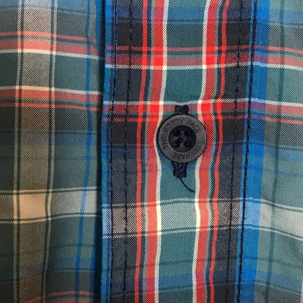 The North Face Shirt Mens Large Blue Red Short Sleeve Button Up Hiking Outdoors